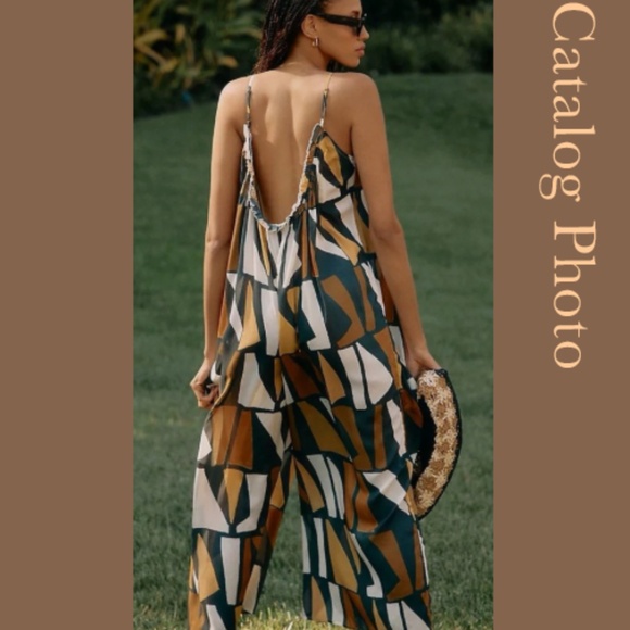 Anthropologie Wide-Leg Jumpsuit Brown White Black Motif Size M  NWT - Picture 2 of 11